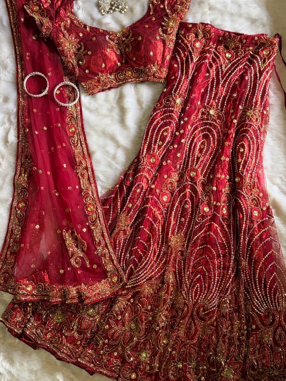 Embellished Red Lehenga Dress with Gold Accents